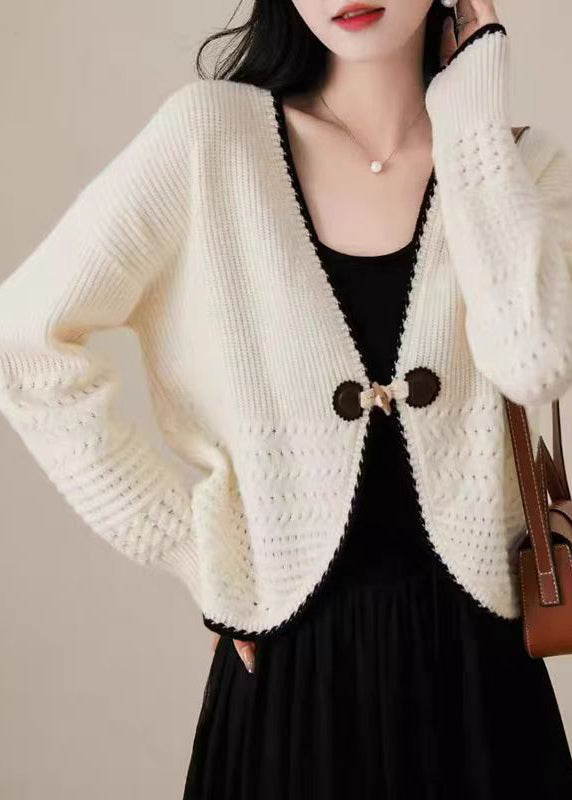 Women Beige V Neck Woolen Knit Cardigan Fall QC049 shopify