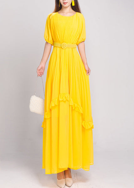 Natural Red Ruffled Patchwork Sashes Chiffon Long Dress Summer AO1047 JDML-SDL240909