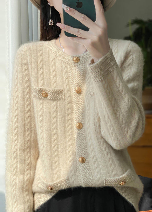 Style Beige O Neck Pockets Button Woolen Cardigans Winter RY017 ABC