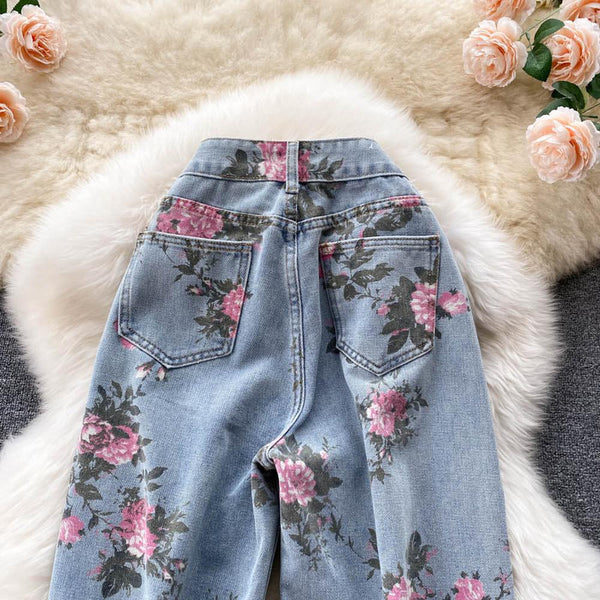 Women Blue Rose Print Wide Leg Denim Pants AR1016 shopify