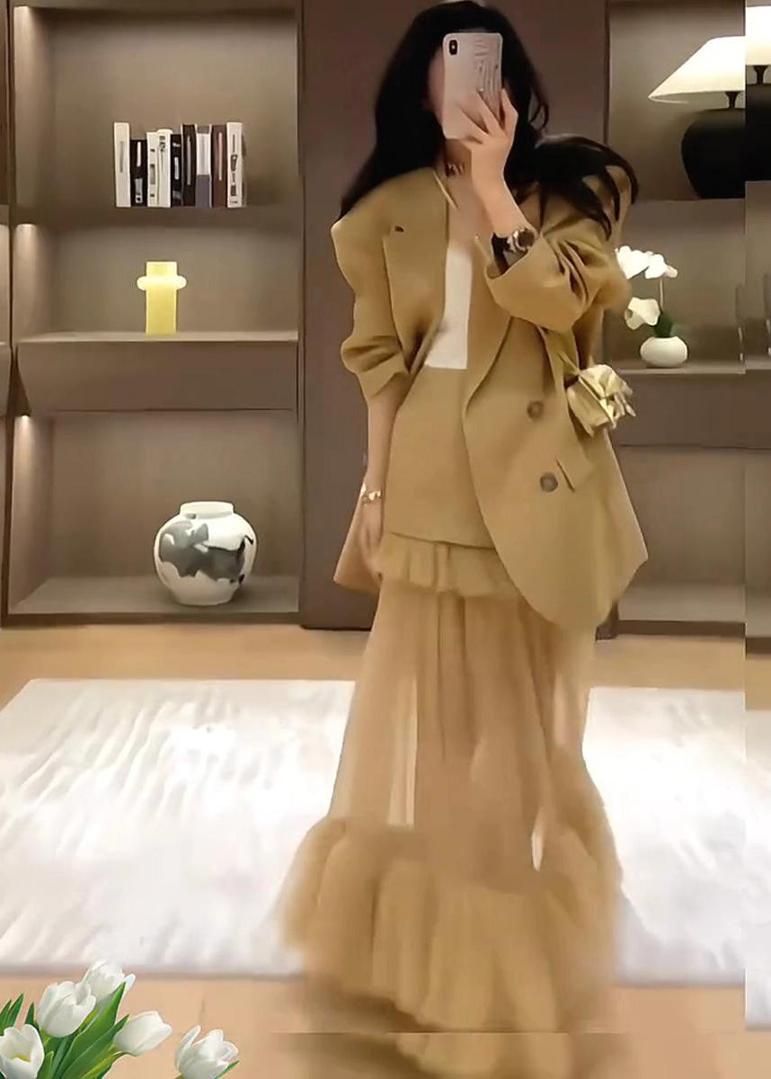 Set Stylish Suit Pieces And Coat Khaki Two Skirts Spring FashionChic