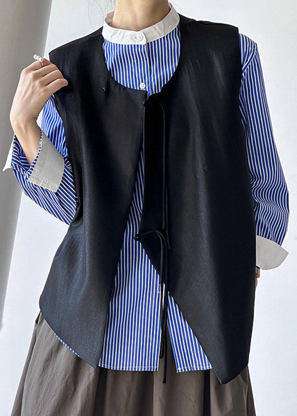 French Black Button Solid Cotton Waistcoat Sleeveless AF1088 HS-CTS240914