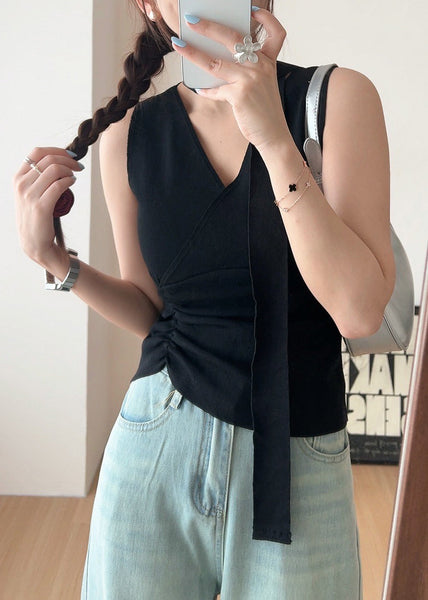 Handmade Black V Neck Wrinkled Scarf Knit Vest Summer AN1029 Genistyle Shop