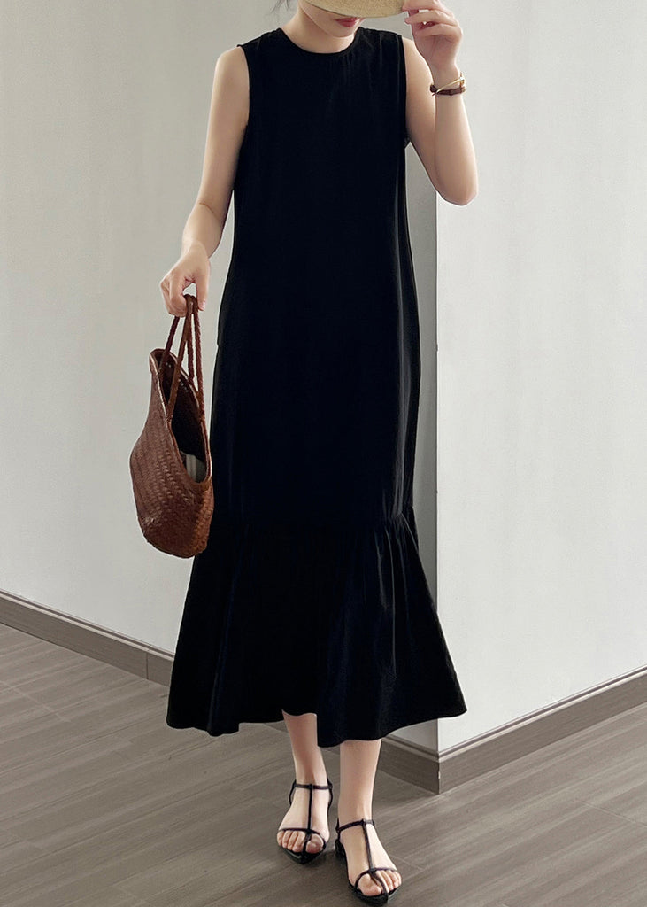 Black Wrinkled Cotton Long Dress O Neck Sleeveless NN021 shopify