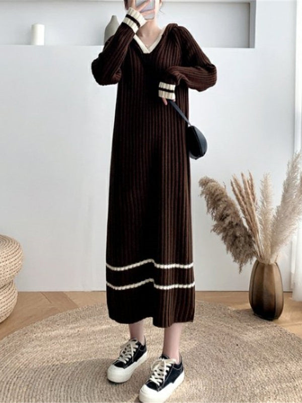 Urban Coffee Hooded V-Neck Long Sleeve Striped Knit Dress AN1051 Genistyle Shop