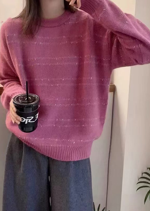 Women Dark Grey O-Neck Striped Wool Knit Sweater Fall QP020 OL-NTP241001