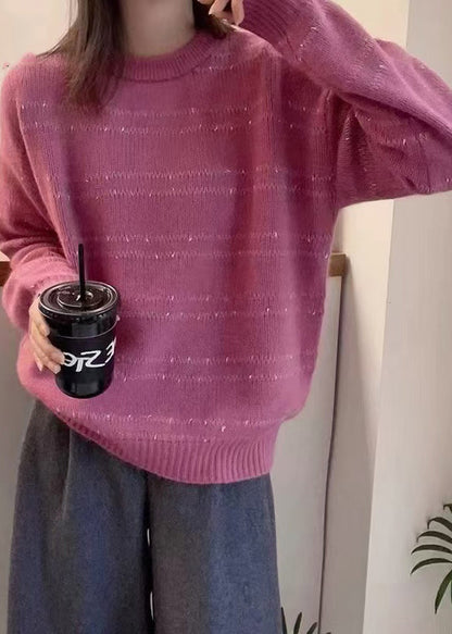 Women Dark Grey O-Neck Striped Wool Knit Sweater Fall QP020 OL-NTP241001