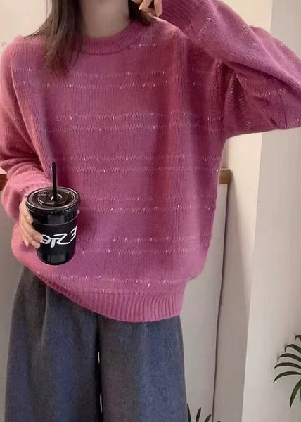 Women Dark Grey O-Neck Striped Wool Knit Sweater Fall QP020 OL-NTP241001