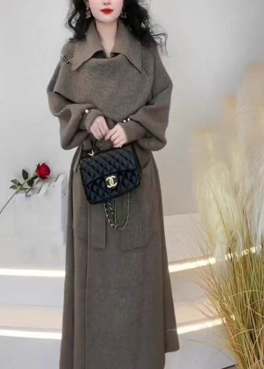 Fashion Grey Peter Pan Collar Pockets Tie Waist Knit Long Coats Winter WD039 OL-NCT241103