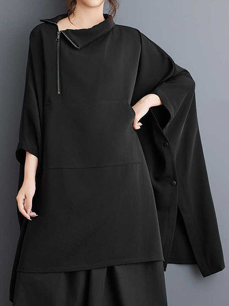 Simple Loose Black Mock Neck With Zipper Buttoned Pockets Batwing Sleeves Sweatshirt WS016 shopify