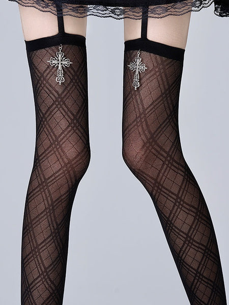 Goth Decoration Black/White Suspender Pattern Cross Diamond Stockings FashionChic