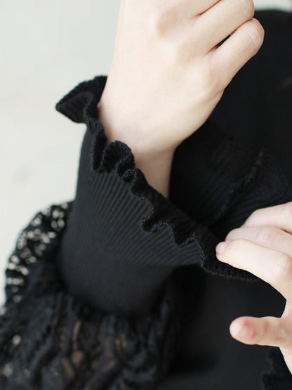 Tempermant Black Round-Neck Patchwork Hollow Lace Long Puff Sleeves Sweater QX011 shopify