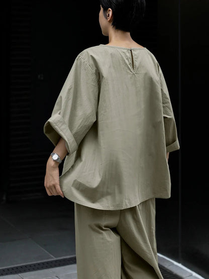 Casual Cotton Top Drawstring Sleeve Khaki Half Asymmetrical FashionChic