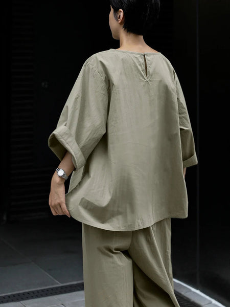 Casual Cotton Top Drawstring Sleeve Khaki Half Asymmetrical FashionChic