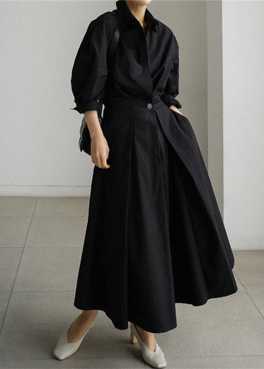 Cotton Black Dresses Long Sleeve Wrinkled Button FashionChic