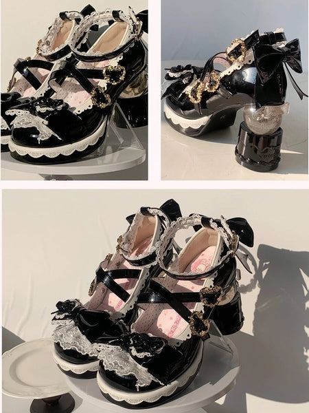 High Sweet Black Lace Bow Lolita Heel Cake-shaped Platform - Embellishments Heels with Edging FashionChic