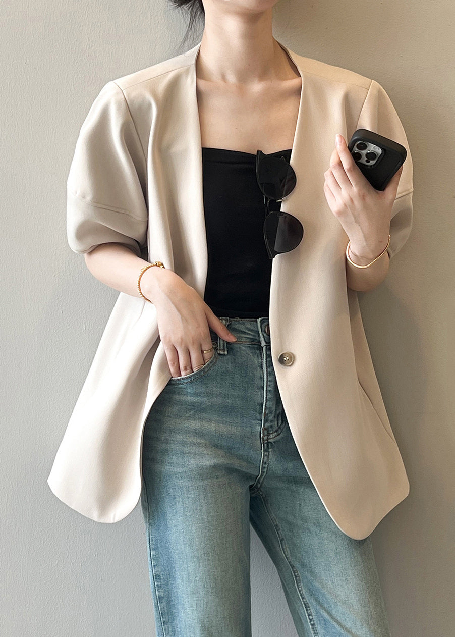 French Apricot V Neck Puff Sleeve Button Coat QC006 shopify