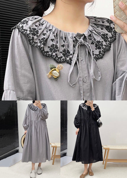 Grey Button Wrinkled Cotton Dresses Embroidered Long Sleeve NN004 shopify