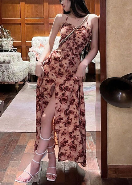 Sexy Red Ruffled Lace Up Print Cotton Long Dresses Sleeveless AZ1050 shopify