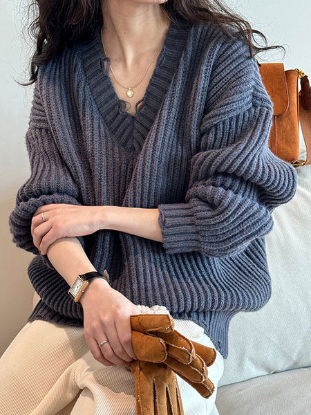 Urban Fuchsia V-Neck Long Sleeve Knit Sweater AN1046 Genistyle Shop