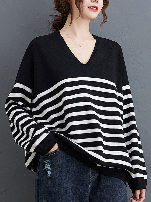 Casual Loose Black V-Neck Contrast Color Striped Long Sleeve Knit Sweater AN1035 Genistyle Shop