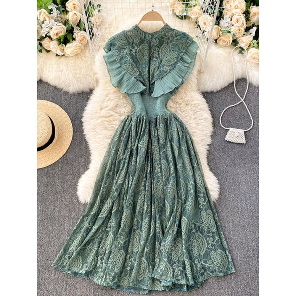 Temperament Olive Lace Ruffled Pleated Hem Flying Sleeve Dress AR1002 shopify