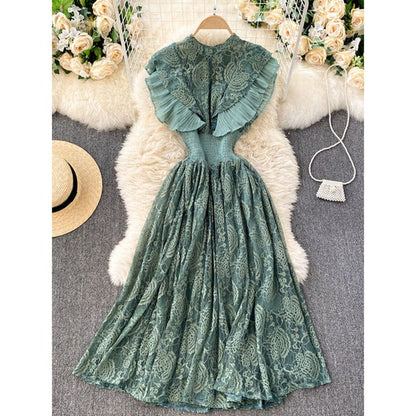 Temperament Olive Lace Ruffled Pleated Hem Flying Sleeve Dress AR1002 shopify