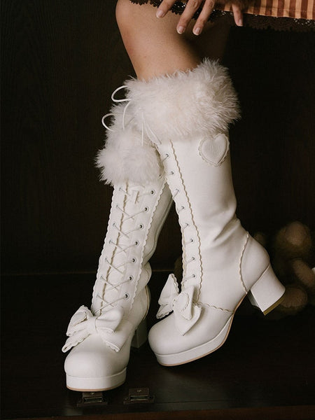 Top Boots Embellishments Lace+Zip System Bow - with Lolita Cuff Plush Knee-High White Sweet FashionChic