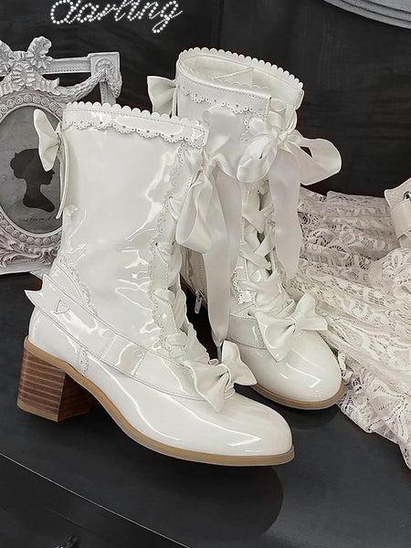 PU White Mid-heel Polished - Boots Lolita in Sweet FashionChic