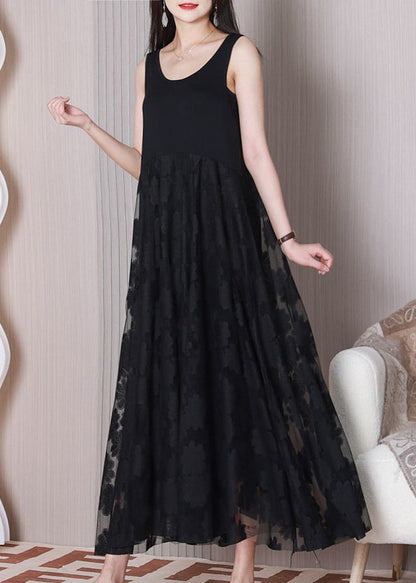 Women Black O Neck Patchwork Cotton Dresses Sleeveless TT1024 shopify
