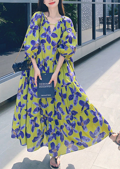 Stylish Green Print Patchwork Chiffon Long Dresses Half Sleeve QP037 OL-SDL241001