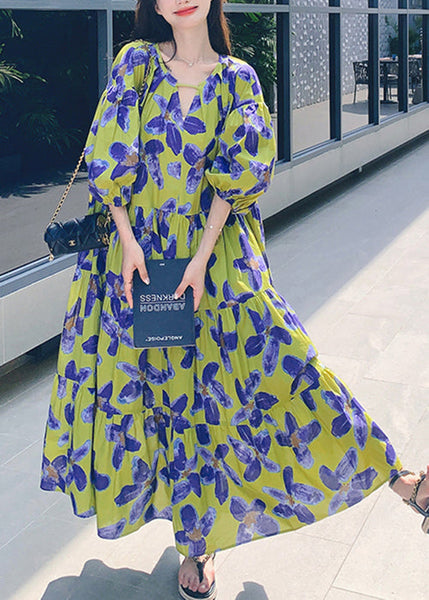 Stylish Green Print Patchwork Chiffon Long Dresses Half Sleeve QP037 OL-SDL241001