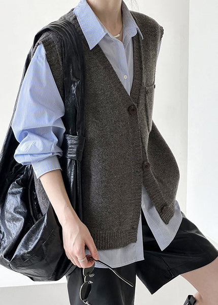 Loose Dark Gray V Neck Button Knit Vest Sleeveless AF1042 HS-NCT240914