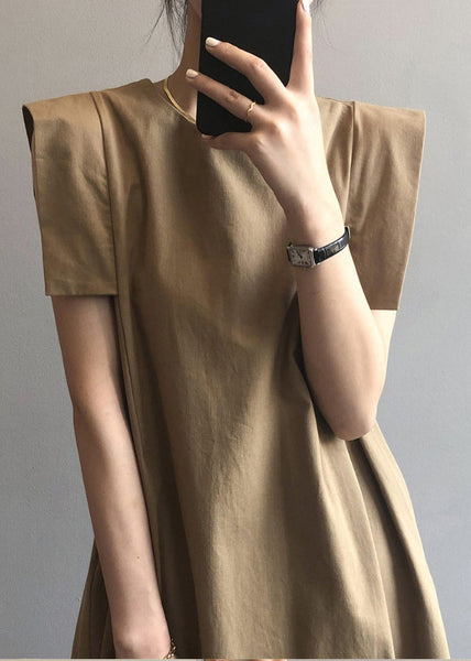 Day Khaki Cotton Elegant Sleeveless Dress O-Neck FashionChic