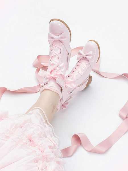 PU Lolita Leather Pink with Bow Boots Mid-Heel Detail Sweet Polished FashionChic