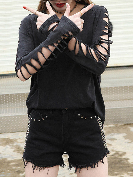 Black Sleeves T-shirt Out Long Round-neck Street Loose Hollow FashionChic