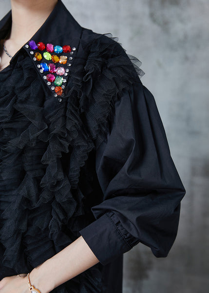 Italian Black Ruffled Patchwork Gemstone Cotton Blouses Fall PZGY-LTP240826