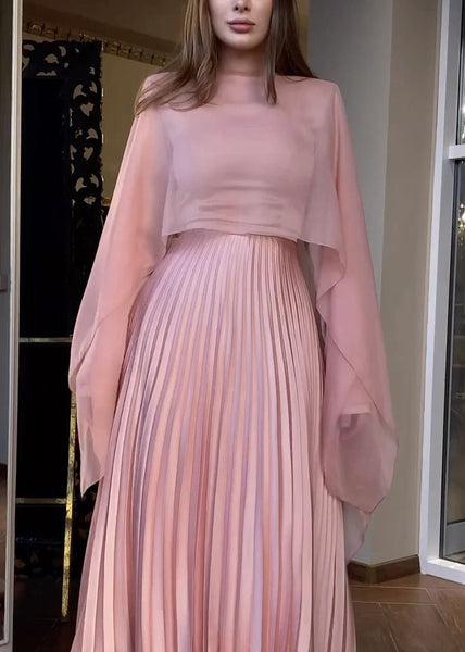 Set Pleated Pink Sleeved New Dress Long Shawl Autumn FashionChic