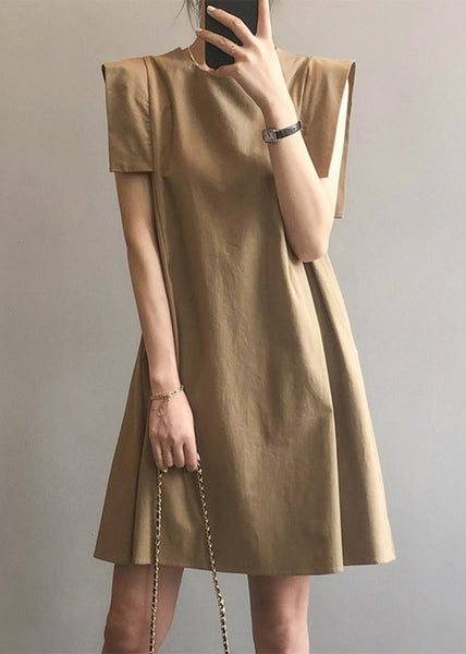 Day Khaki Cotton Elegant Sleeveless Dress O-Neck FashionChic