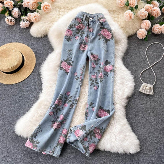 Women Blue Rose Print Wide Leg Denim Pants AR1016 shopify