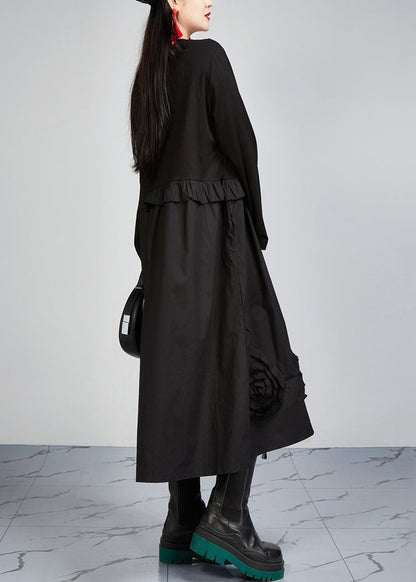 Italian Black O Neck Pockets Patchwork Cotton Dress Long Sleeve AR1026 JDML-240823