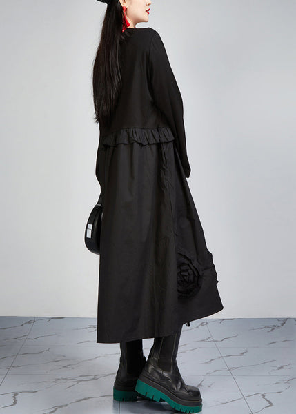 Italian Black O Neck Pockets Patchwork Cotton Dress Long Sleeve AR1026 JDML-240823