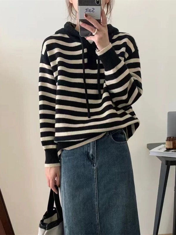 Casual Black Hooded Drawstring V-Neck Contrast Color Striped Long Sleeve Sweater QX019 shopify