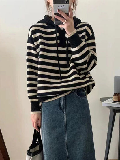 Casual Black Hooded Drawstring V-Neck Contrast Color Striped Long Sleeve Sweater QX019 shopify