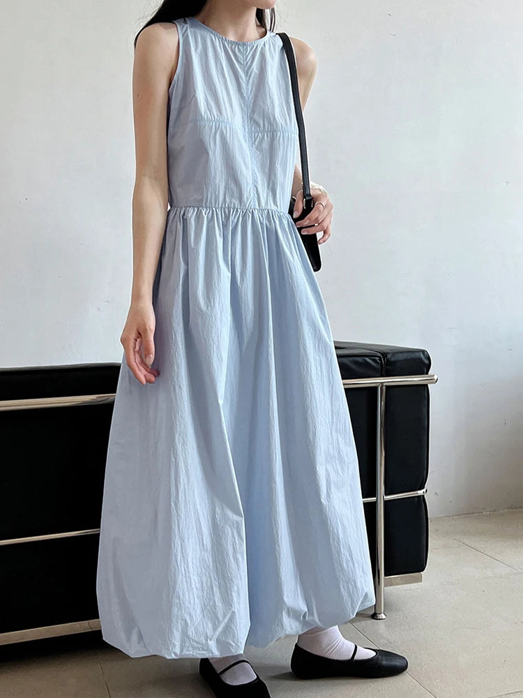 Patchwork O-neck Dress Simple Sleeveless Blue Puff Hem FashionChic