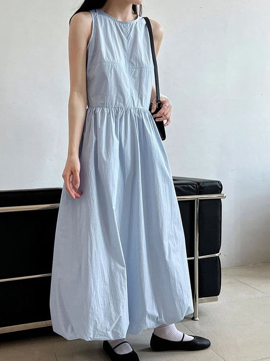 Patchwork O-neck Dress Simple Sleeveless Blue Puff Hem FashionChic