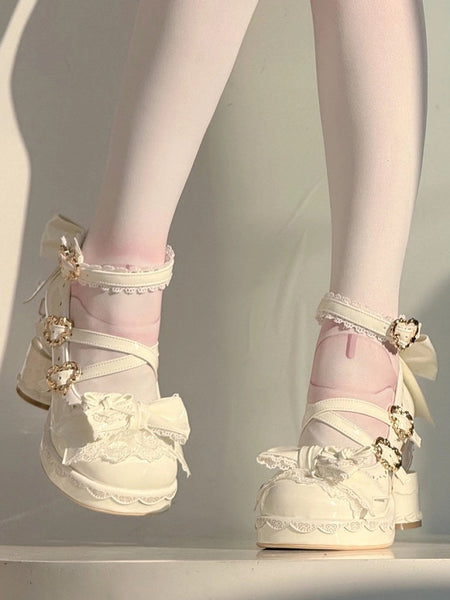 - Heart Heel Cake with Mary Bow Buckle Platform Details Lolita High-heel White Janes Sweet FashionChic