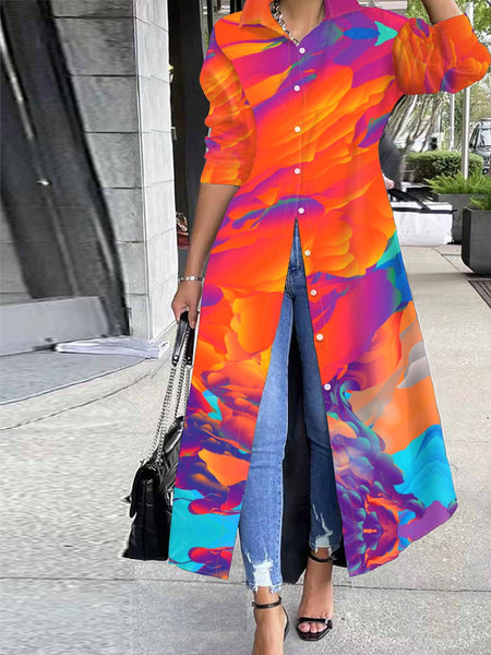 Elegant Floral Print Tunic - Long Sleeve Button Front Top, Durable & Stretch Fabric, Perfect for Any Season Furdela