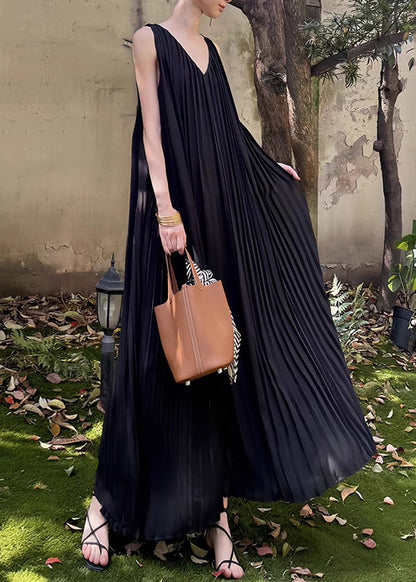 Wrinkled Summer Neck Chiffon Dresses V Long Pockets Black FashionChic