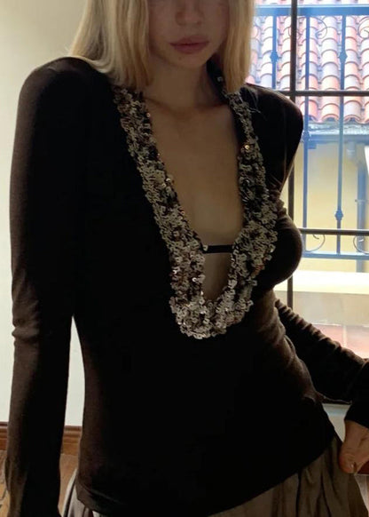 Spring U Neck Boho Coffee Top Sequins Silk FashionChic